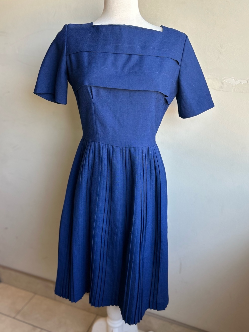 Vintage Navy Pleated Midi Dress | Dark Academia Mod Minimalist Wool Blend
